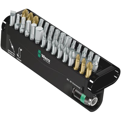 Detaljeret visning af Wera Bitssæt BC 30 Universal 1 med alle 29 bits og Rapidaptor holder, der viser mærkningerne.