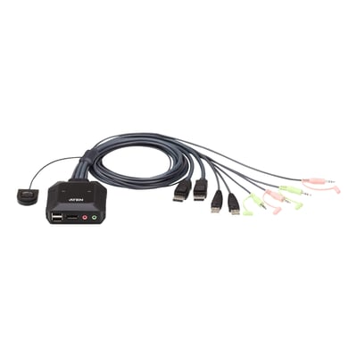 Sort ATEN KVM-switch CS22DP-AT til to computere med tilsluttede kabler, DisplayPort- og USB-stik samt portvælger.