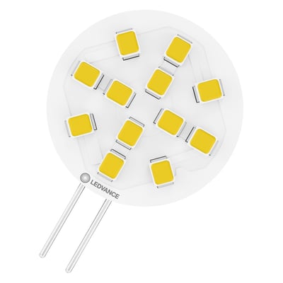 Ledvance dæmpbar LED PIN-lyskilde med rund, klar flade, gule LED-felter og to G4-stifter.