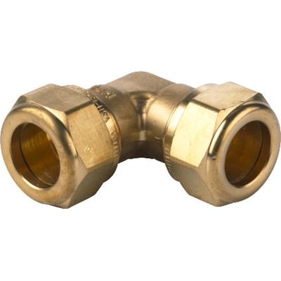 Messing vinkelkobling med 15 mm kompressionsfittings, der muliggør en 90-graders retningsændring for rør.