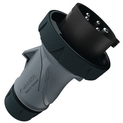 Mennekes CEE PowerTOP Xtra R-stikprop med sort og gråt hus, vist skråt med synlige kontakter; 32 A og 5-polet.