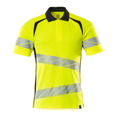 Mascot Hi-Vis poloshirt i gul og sort, str. S, set forfra med synlig krave og stolpelukning.