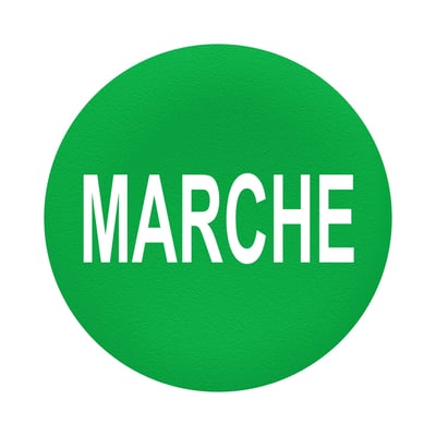 Schneider Electric grøn trykflade med hvid tekst "MARCHE" til flush trykknaphoveder med Ø30 mm diameter.