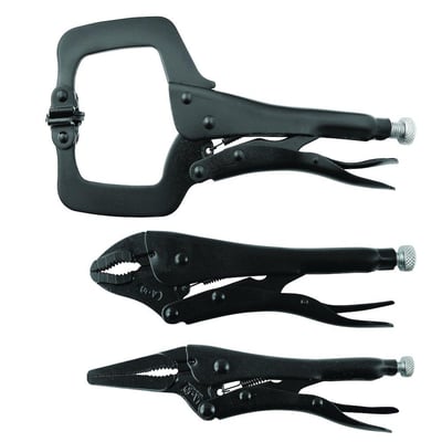 Diesella svejsetænger i sæt med 3 dele: C-klemme, tang med buede kæber og tang med lange, lige kæber, alle sorte.