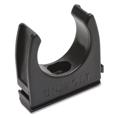 Nærbillede af en sort Dietzel 25mm HF rørholder i halogenfri plast, med UNIVOLT trykt på siden.