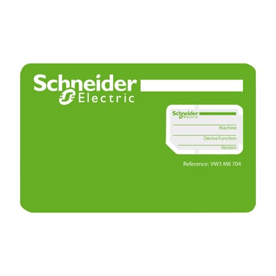 Schneider Electric memory card til servodrev, reference VW3 M8 704, med felter til maskine, enhedsfunktion og version.