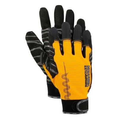 Eureka Impact Vibration Flexi arbejdshandsker i gul og sort, str. 9, med aftagelige fingerspidser og specielt vibrationsdæmpende indlæg.