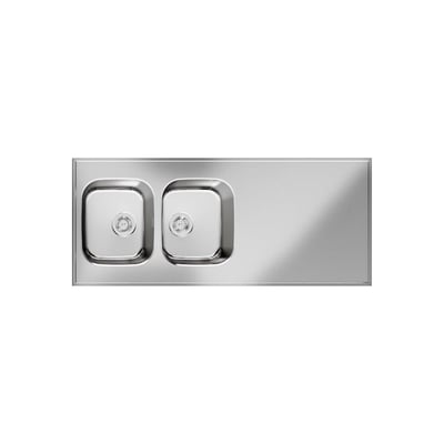 Purus køkkenbord i rustfrit stål, 1400x600 mm, med to vaske og synlige kurvebundventiler, placeret på hvid baggrund.