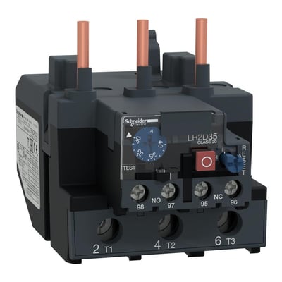 Detaljebillede af Schneider Electric termorelæ LR2D3555, viser justeringsknap for 30-40A og klasse 20 mærkning.