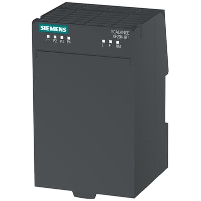 Siemens SCALANCE XF204IRT managed industriel switch med 4x 10/100 Mbps RJ45-porte, vist på hvid baggrund.