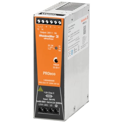 Weidmüller Pro Eco strømforsyning 120W 12VDC 10A, med orange frontpanel og metalkabinet, set fra siden.