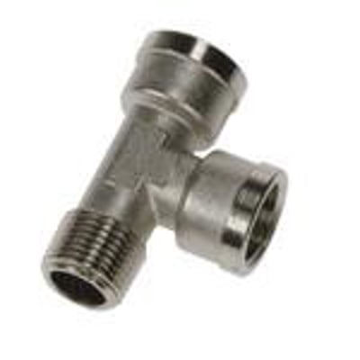 Parker T-stykke med udvendigt BSPT R3/8 og indvendigt BSPP G3/8 gevind i forniklet messing.