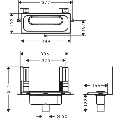 Teknisk tegning af Hansgrohe uBox indbygningsdel, lodret udløb Ø50 mm, med alle dimensioner angivet.
