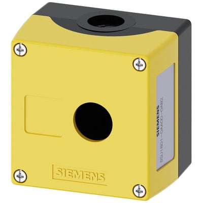 Gul Siemens nødstopkasse 3SU1 med et enkelt hul til 22mm betjeningsenheder og tydeligt Siemens logo.