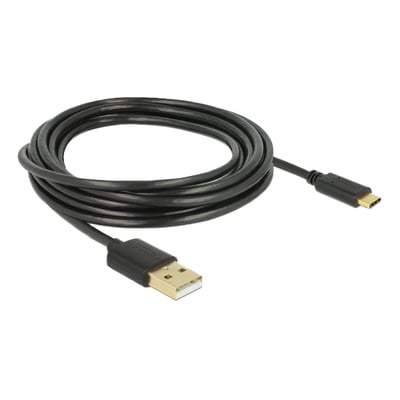 Sort Delock USB 2.0-kabel på 3 meter, oprullet med Type-A- og Type-C-stik synlige i hver sin ende.