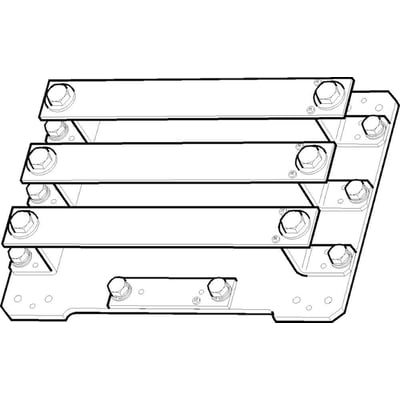 Teknisk illustration af Fibox Trafofelt Solid TF304, der viser de tre kobberterminaler og monteringsdetaljer.