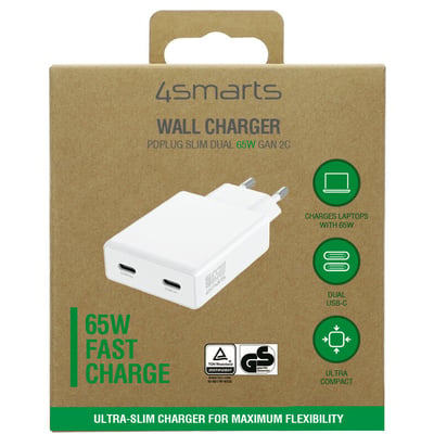 Emballagen til 4smarts PDPlug Slim Dual, en hvid GaN-vægoplader på 65 W med to USB-C-porte.