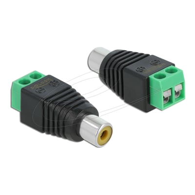 DeLock-adapter med RCA-hun til 2-polet terminalblok, vist fra to vinkler med gul RCA-indgang og grøn klemme.