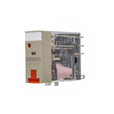 Omron G2R-2-Sni printrelæ til 24 V AC med gennemsigtigt hus, synlige kontakter og rød testknap.