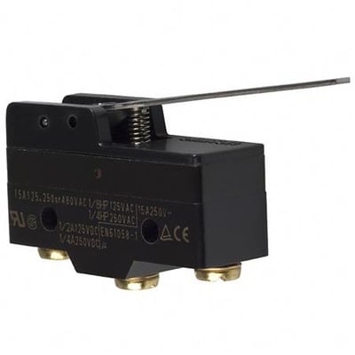 Omron mekanisk endestop i sort plastik med sølvfarvet hængsel løftestang på en hvid baggrund.