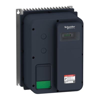 Schneider Electric ATV320 frekvensomformer 1,5kW IP66, viser detaljeret frontpanel med display, grøn betjeningsknap og advarselsmærkat.