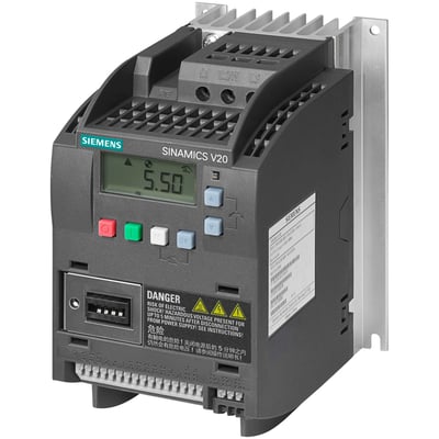 Siemens SINAMICS V20 frekvensomformer med 0,12kW effekt og digital skærm, monteret med køleplade og tydelige terminaler.
