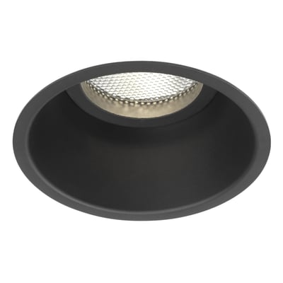 Detalje af Astro Minima Round Fixed downlight i sort, der viser den præcise kantfinish og den indre reflektors tekstur.