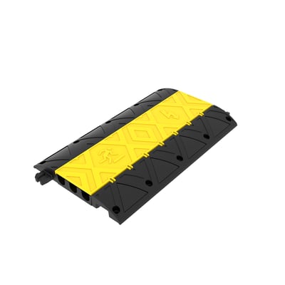 Overkørselsrampe på 100 cm med en sort bund og en gul, skridsikker overflade med symboler for fodgængere og cyklister.