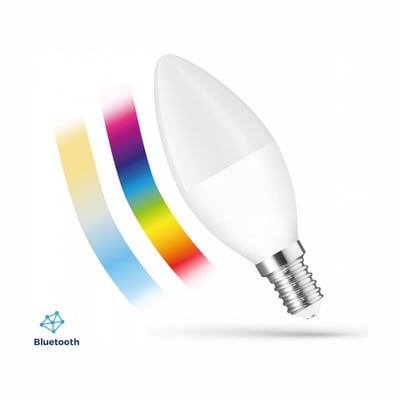 SpectrumLED smart LED-kertepære med E14-fatning, hvidt kerteformet hus og farvestrøg, der viser RGB-lys og Bluetooth.
