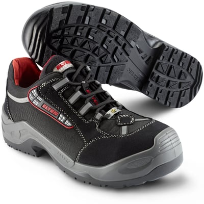 Sika Footwear sikkerhedssko model 728551 Senex AL ESD S3, str. 38, sort med grå detaljer og rød krave.