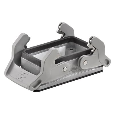 Weidmüller HDC 10B ABU N chassishus i størrelse 4 med 2 låsebøjler og IP65-beskyttelse, vist på en hvid baggrund.