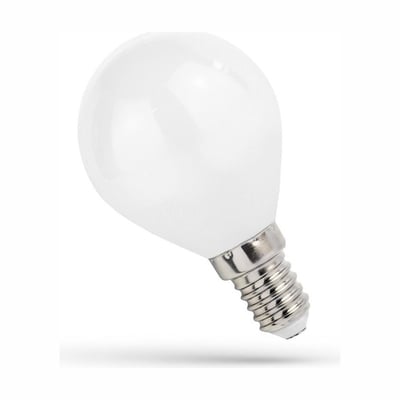 SpectrumLED Woj E14 LED-kronepære P45 med hvid, mat kuppel og synlig metalskruefatning; 4 W og 3000 K.