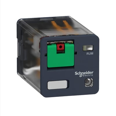 Schneider Electric Harmony RUM stikbensrelæ med 2 CO kontakter, 10A mærkestrøm og 230VAC spænding, vist med testknap og LED.