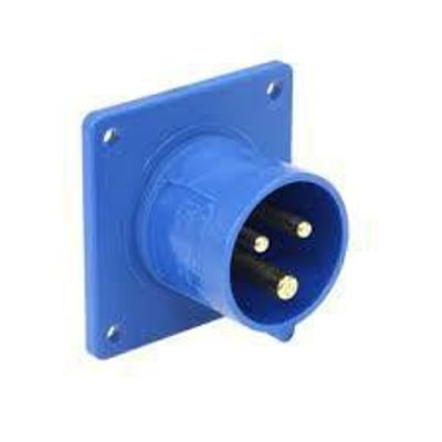 PC Electric CEE apparatstik med flange i blå, 3 polet, 16A og 230V, med IP44 klassificering og synlige kontaktstifter.