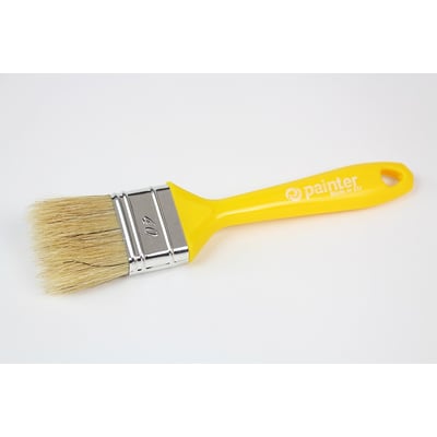 Roliba fladpensel med gult plastskaft, 40 x 14 mm, med logo 'painter Made in EU' og metalbeslag.