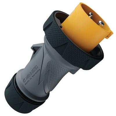 Mennekes PowerTOP Xtra R CEE-stikprop med gråt og sort ergonomisk hus samt gul stikdel, 16 A og 110 V.