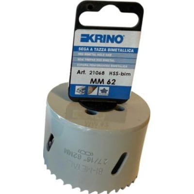 Krino Bimetal hulsav med en diameter på 62 mm, vist med emballage og tydelig mærkning af mærke og produktinformation.