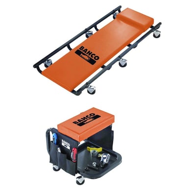 Komplet sæt fra Bahco med et polstret liggebræt og en polstret montørstol med praktiske opbevaringsmuligheder.