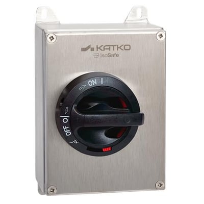KATKO IsoSafe isolator KER 440 RA2 med kabinet i rustfrit stål og sort drejehåndtag set forfra.