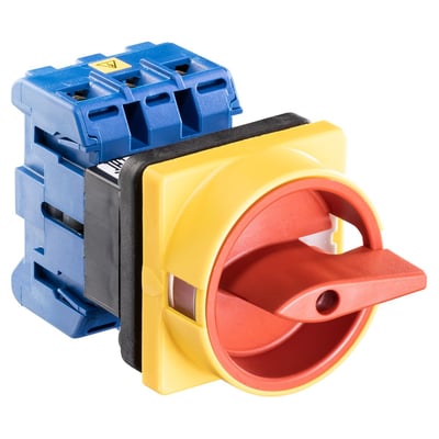 Kraus & Naimer 20A, 3-polet sikkerhedsafbryder med aflåseligt rød/gul greb og 4-punkts frontmontering i plast.