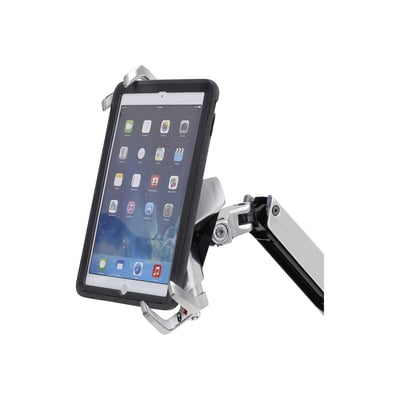 ERGOTRON låsbar tablet holder med poleret finish, vist forfra med en tablet fastgjort i holderen.
