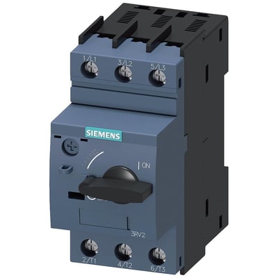 Siemens 3RV2 S00 motorværn med justeringsområde 9-12A og 3-polet terminalblok på isoleret baggrund.