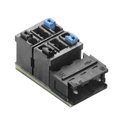 Weidmüller interfacemodul med terminaler og connector i sort, set skråt ovenfra med blå PUSH IN-tilslutninger.