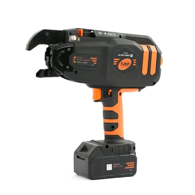 Venstreprofil af Tjep Ultra Grip 40 bindemaskine med batteri, der viser tænd/sluk-knap og ergonomisk håndtag.