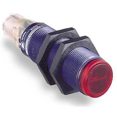 Schneider Electric Foto M18 diffus sensor med 0,6m rækkevidde, PNP NO og M12 stik på hvid baggrund.