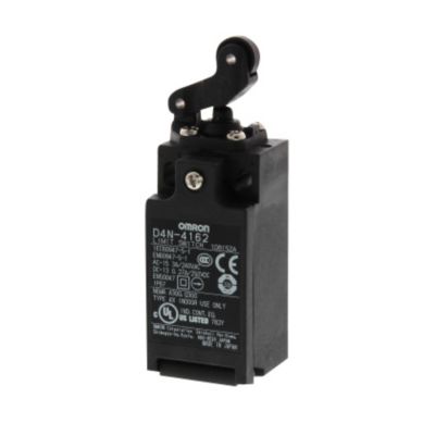 Omron D4N-4162 sikkerhedsendestop med horisontal rullearm og snap-action kontakt.