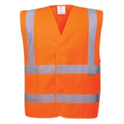 Portwest Hi-Vis vest i orange, størrelse S/M, med synlige reflekterende bånd over bryst og talje.