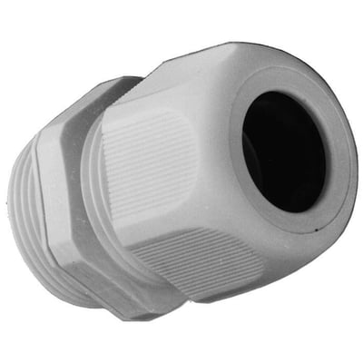 Nærbillede af IPON forskruning med PG42 gevind, viser den lysegrå PA6 materiale og gummitætning for kabler på 32-38mm.