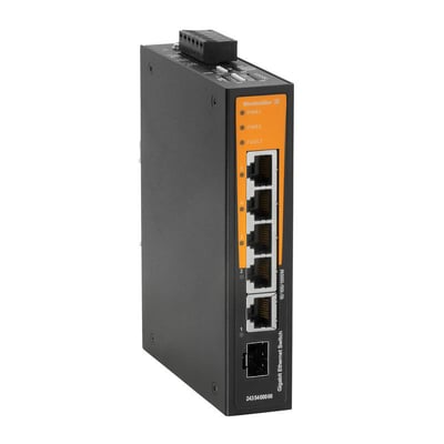 Weidmüller IE-SW-BL05T-4GT-1GS industriel switch med fire RJ45-porte og én fiberport, set skråt forfra.