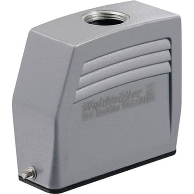 Weidmüller kabelhus størrelse 5, grå, til 1xM20 kabelforskruning i top, med 1 bøjle, vist fra siden.